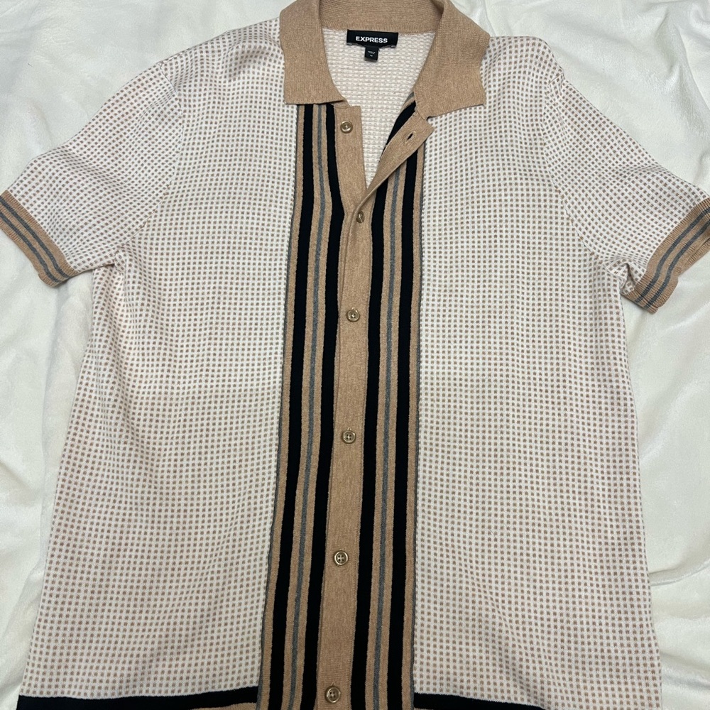 Express Men's Beige and Black Patterned Shirt